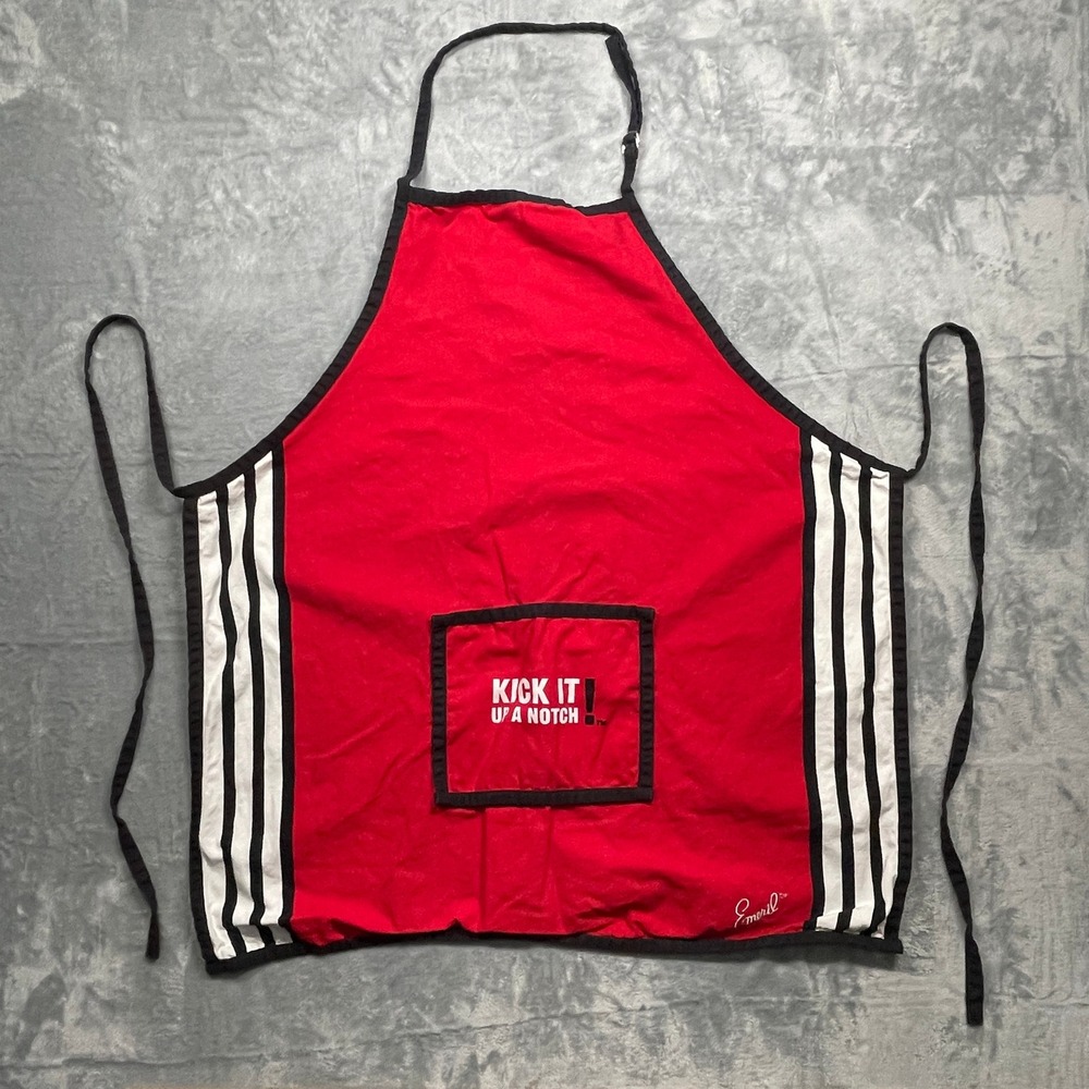 Emeril Lagasse Apron Kick It Up A Notch Red Black White Stripes Pocket